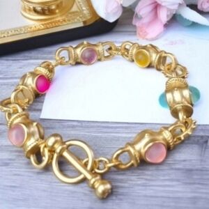 18k Matte Gold Byzantine Frosted Pastel Cabochon Toggle Bracelet